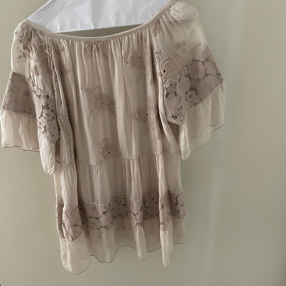Tan Flutter Sleeve Ruffled Blouse